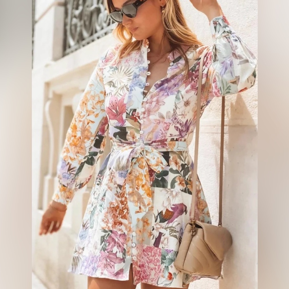 ZARA linen blend floral patchwork, long sleeve dress